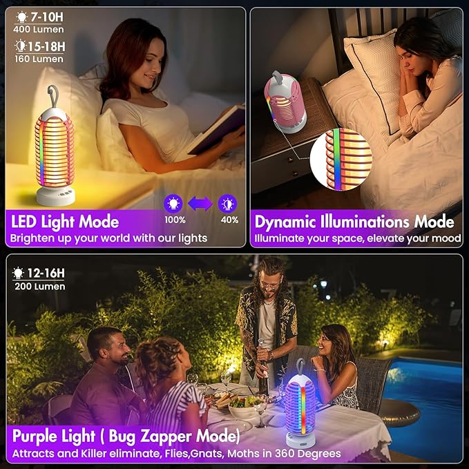 Bug Zapper Outdoor with Colorful Lighting and Auto-Sensing, 3 in 1 Cordless 4000mAh Battery Electric Fly Trap, Rechargeable Mosquito Zapper for Camping, Patios, Garden, Kitchen (1Pack-Pink)