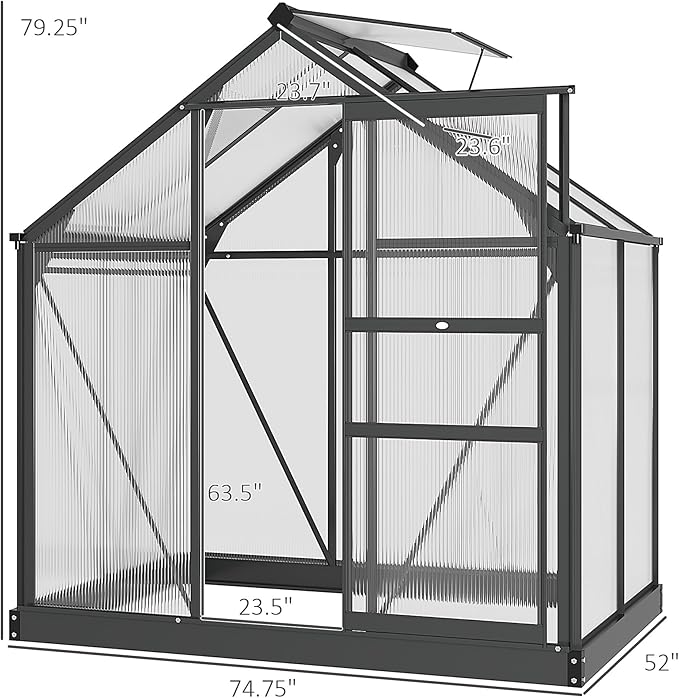 Outsunny 6' x 4' Greenhouse for Outdoors, Polycarbonate Greenhouse with Rain Gutter and Roof Vent, Aluminum Walk-in Green Houses for Outside for Patio Backyard Garden, Gray