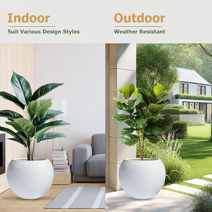 10 H x 14" Dia (10" Pot Opening) Round Fiberstone Planter with Drainage Hole, White, Indoor/Outdoor Large Plant Pot for Home Patio Garden, Ideal for Large Plants