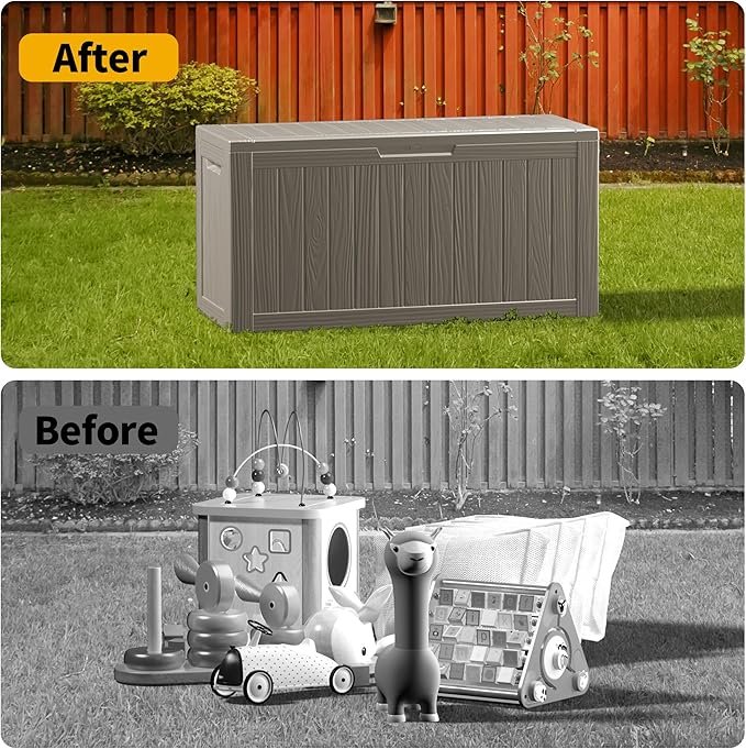 80GAL Brown Outdoor Deck Box with Lockable Compartment - Waterproof, SGS - Tested UV Resistance, Ample Space for Patio Furniture Covers and Outdoor Toys, Simple Setup