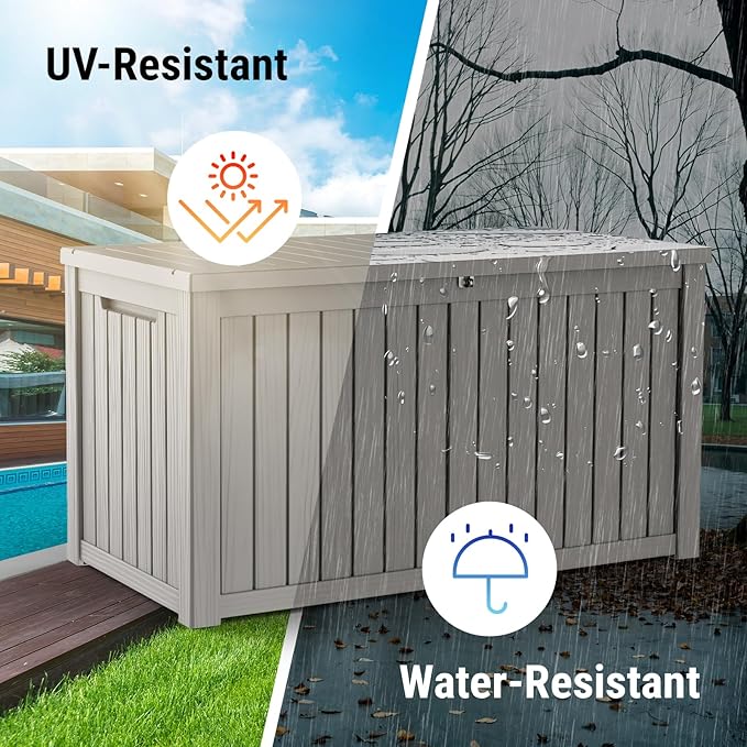 Mars Villa 180 Gallon Outdoor Storage Box, Large Waterproof Resin Deck Box for Patio Furniture Cushions, Pool Supplies, Gardening Tools, Lockable Storage Container, Weatherproof and UV Resistant, Grey