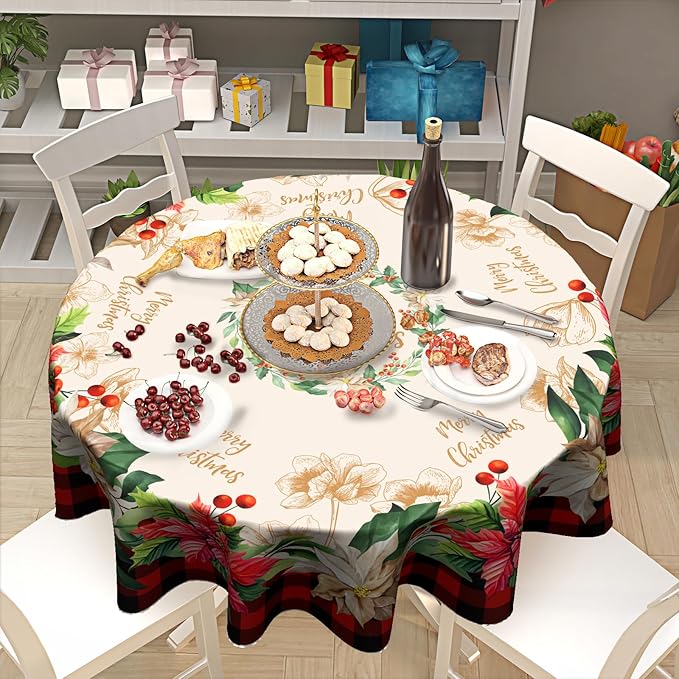 Giwawa Buffalo Check Plaid Christmas Round Tablecloth, Traditional Poinsettia Print Resistant Polyester Table Cloth with Xmas Floral and Berry for Party Decoration/Holiday 60 Inch
