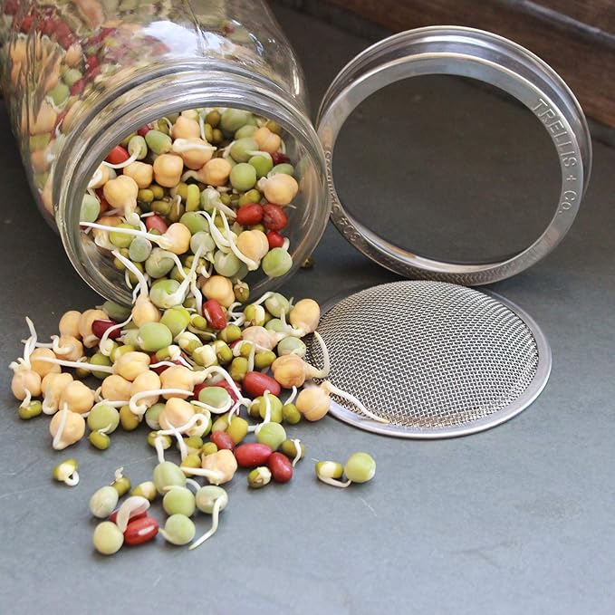 | Stainless Steel Sprouting Kit, 4 Pack | Rust Proof 316 Stainless, Curved Mesh, Fits Most Wide Mouth Mason Jars | Grow Your Own Organic Sprouts From Seeds, Sprouter