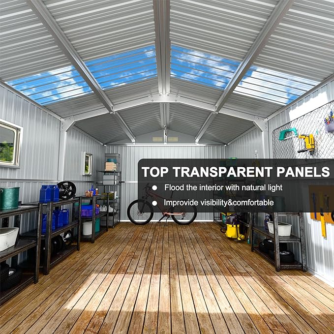 Restland 10x12 FT Metal Storage Shed Reinforced Frame Outdoor Shed with Clear Roof, Air Vent & Lockable Door Large Garden Tool Storage Sheds for Backyard, Garden, Lawn