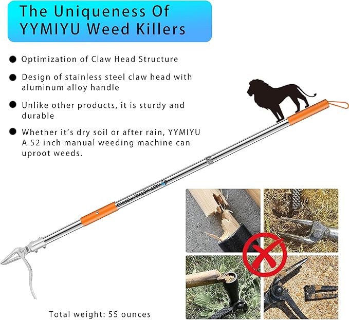 YYMIYU 52" Stand Up Weed Puller Tool – 4-Claw Stainless Steel Weeder with Grass-Pushing & Weed-Ejection Design – Heavy-Duty 0.8mm Steel Handle for Effortless Root Removal