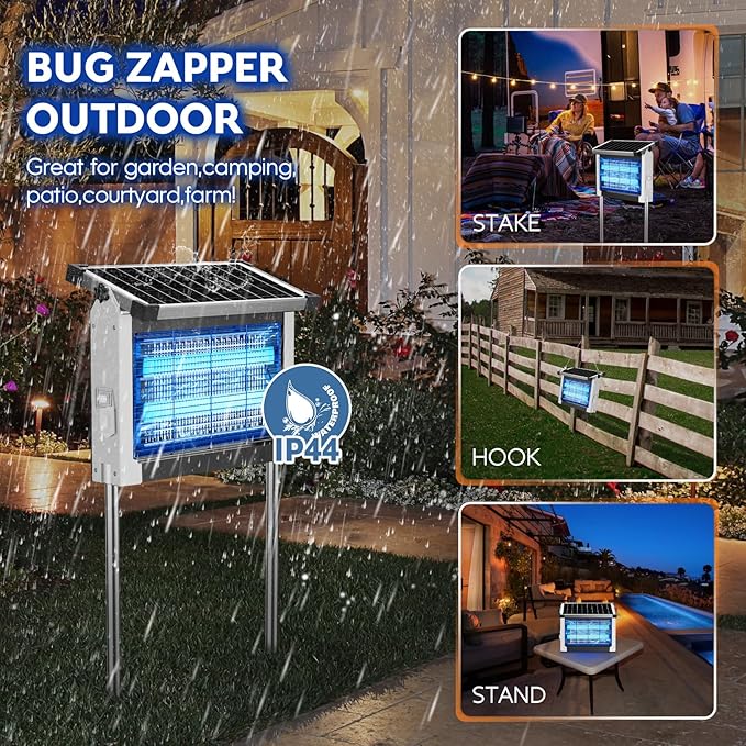 Solar Bug Zapper Outdoor, PhatroyYee Mosquito Zapper 4500V, Waterproof Portable Fly Zapper, Rechargeable Electric Mosquito Killer, Cordless Fly Insect Mosquitos Trap for Patio Yard Home Camping(White)