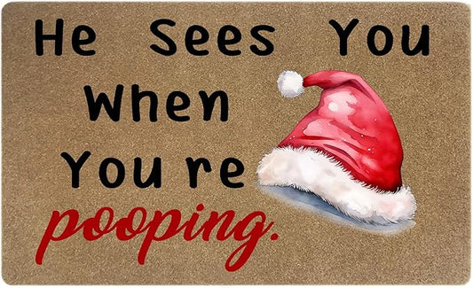 Funny Christmas Bathroom Faux Coir Door Mat, Christmas Bath Mat for Bathroom Entryway, He Sees You When You're Pooping Welcome Doormat for Washroom Restroom Toilet Porch Entrance, 17x30 Inch