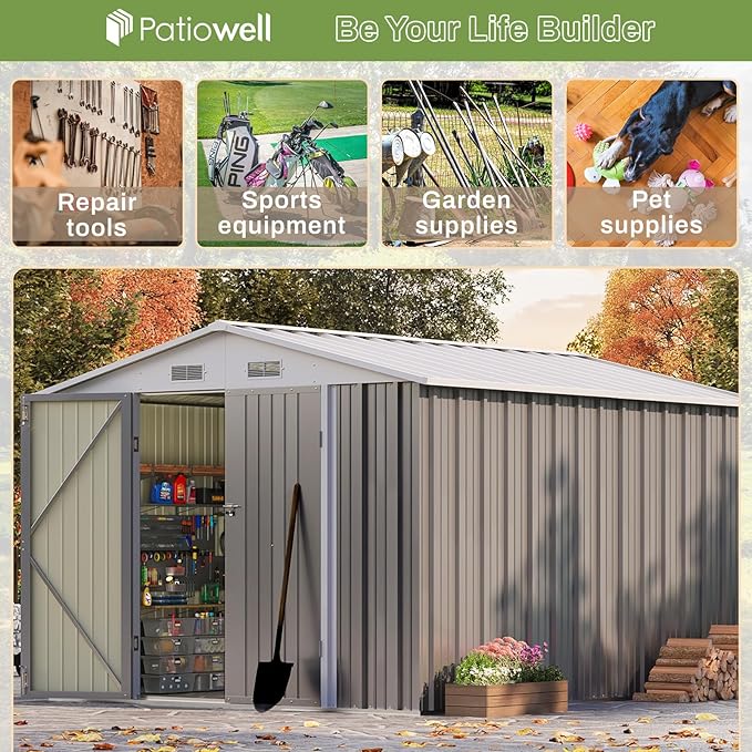 Patiowell 8x10 FT Outdoor Storage Shed with Floor Frame, Large Garden Tool Metal Shed with Sloping Roof and Double Lockable Door, Outdoor Shed for Backyard Garden Patio Lawn,Grey