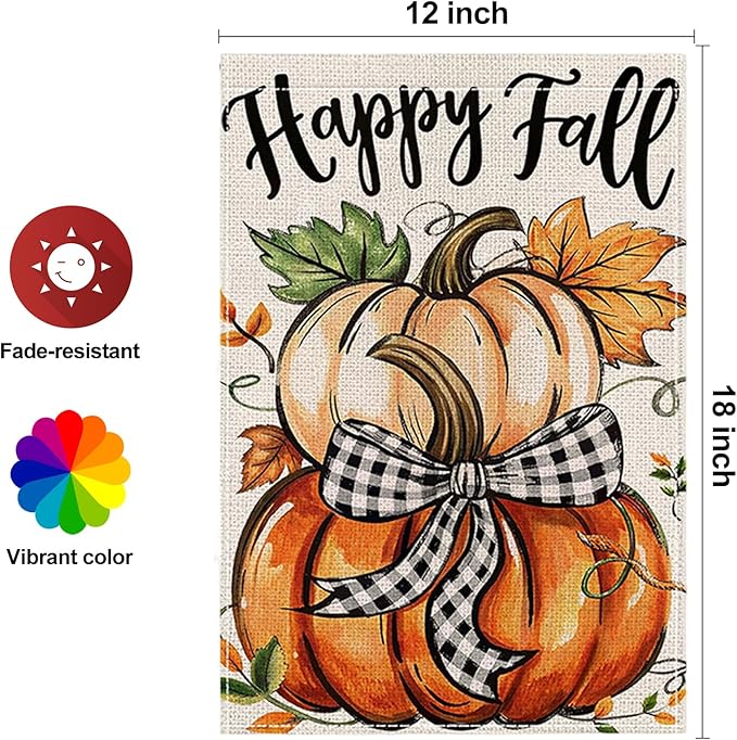 Fall Garden Flag 12 x 18 Inch Double Sided Cute Pumpkin Maple Leaves Designs Autumn Burlap Yard Flag for Outside Rustic Yard Outdoor Holiday Home Decoration