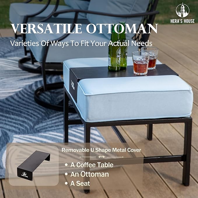 HERA'S HOUSE 6 Piece Patio Furniture Set, 2 x Swivel Cushioned Chair, 2 x Cushioned Ottoman, 1 x 3-Seat Sofa with Marbling Coffee Table, Outdoor Conversation Set for Lawn Garden Backyard, Blue