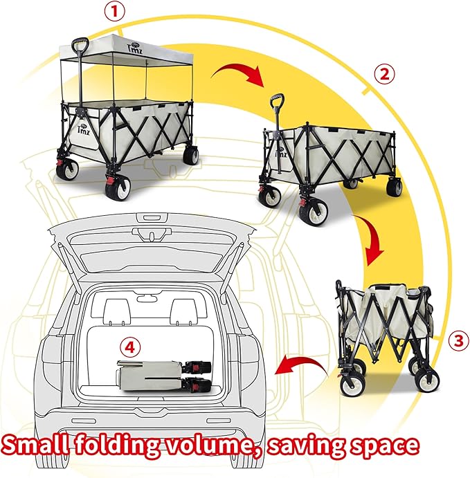 TMZ Collapsible Wagon 445L Heavy Duty Foldable Cart with All-Terrain Wheels, Canopy & Brakes - Extra Large Utility Wagon for Beach, Outdoor, Garden, Camping Portable Foldable Design (White)