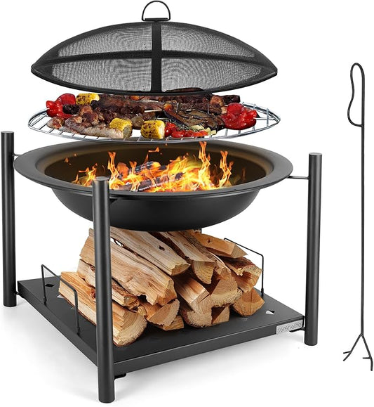 SereneLife Portable Outdoor Fire Pit - 2-in-1 Steel BBQ Grill and 26" Wood Burning Fire Pit Bowl with Mesh Spark Screen, Log Grate, Fire Poker, and Cover for Camping, Picnic, Bonfires