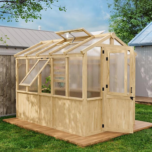 EAGLE PEAK 6.7x9.7x7.7 ft Wood and Polycarbonate Walk-in Greenhouse, Cedar Hobby Green House with 2 Roof Vents, Natural