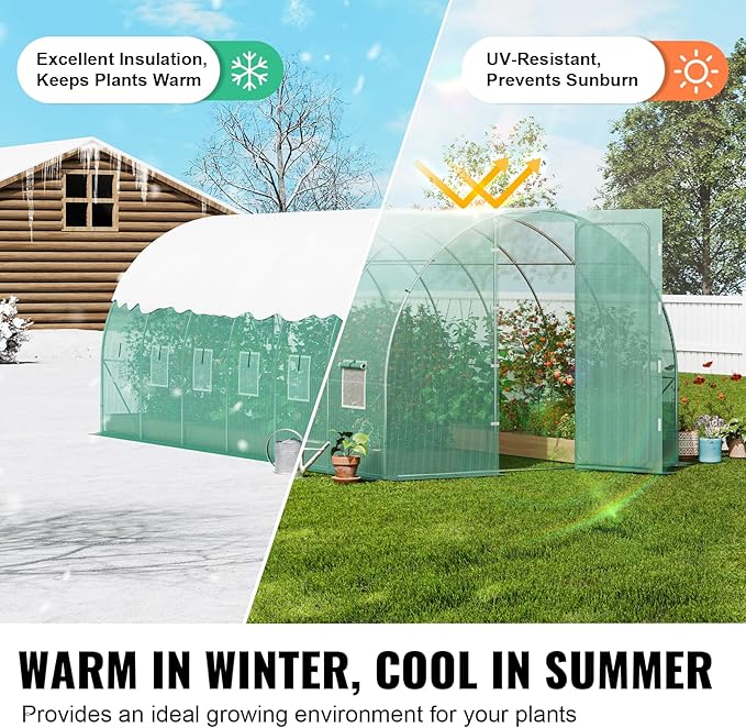 VEVOR Walk-in Tunnel Greenhouse, 19.4x9.7x7.4 ft Hoop House Greenhouse Tunnel, Plant Hot House with Galvanized Steel Frame, Green PE Cover, Swing Door and 12 Roll-up Windows for Outdoor