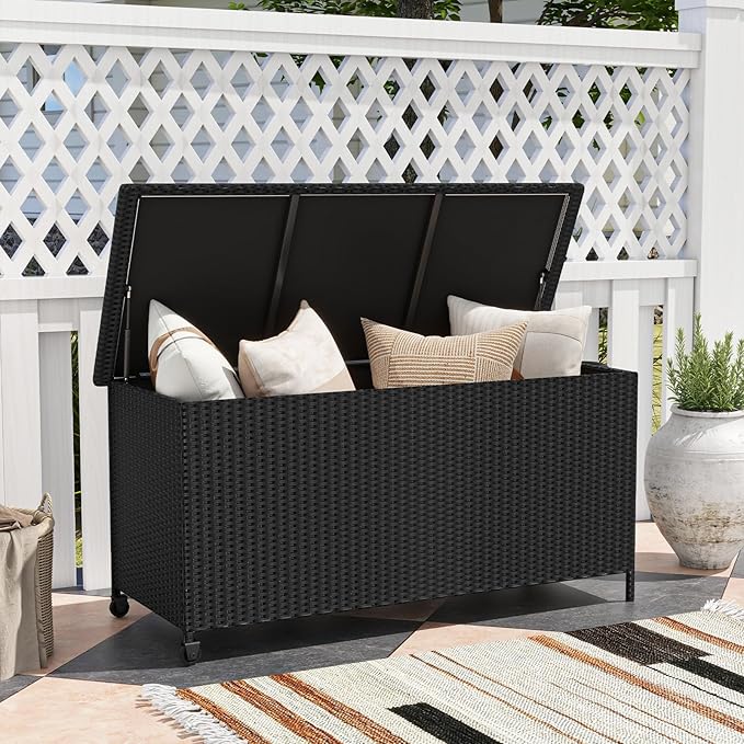 Tangkula Rattan Deck Box, 85 Gallon Storage Container with Waterproof Liner, Wheels & Gas Strut, Indoor Outdoor Wicker Storage Cabinet, Storage Furniture for Pillows, Cushions (Black)