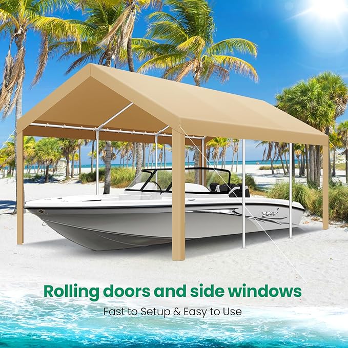 COBIZI Carport Canopy 12x20 Heavy Duty Car Tent Garage, Galvanized Frame Car Canopy Outdoor Shelter Waterproof & UV Protected with Built-in Sandbags & All-Season Tarp for Car Boat Truck, Khaki