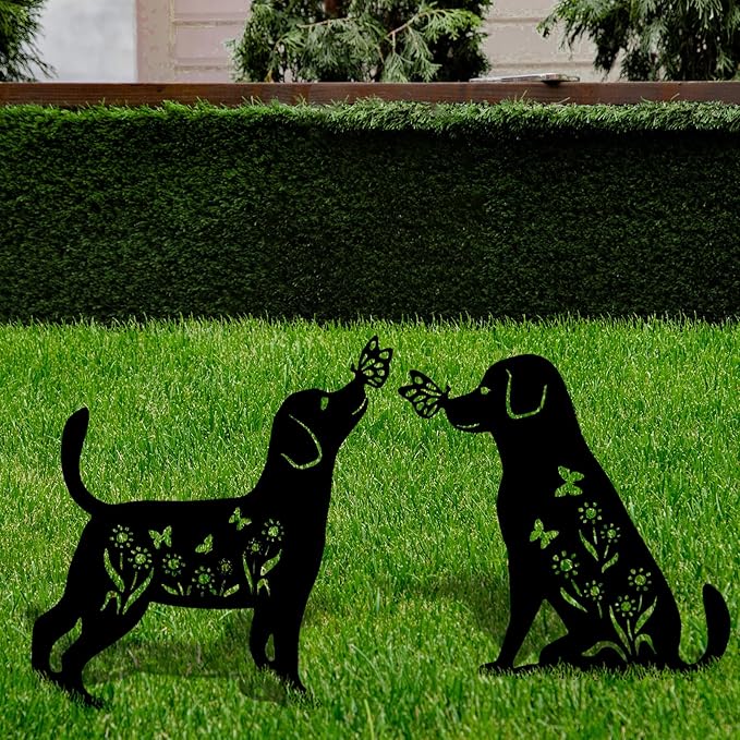 Decorative Garden Stakes - 2 Pack 15" Rust-Resistant Metal Dog Silhouette Outdoor Decor, Corten Steel Puppy Yard Art with Easy Installation for Gardens, Patios & Walkways (Black Lab Design)