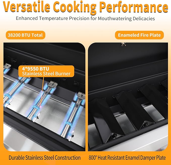 4-Burner Propane Gas Grill with Cast Iron Grates, 302 Sq. In. BBQ Grilling Space, Foldable Side Shelves for Portable Outdoor Patio Camping, Black