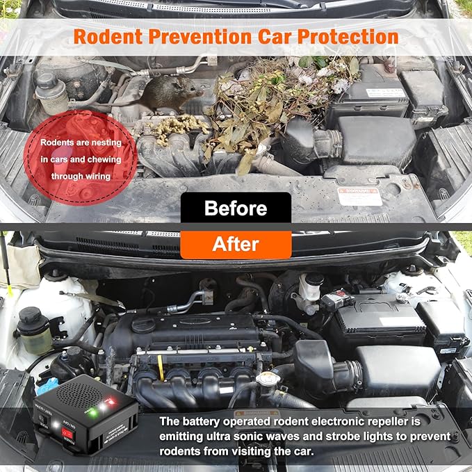 Rodent Repellent for Car, Battery Powered Under Hood Animal Repeller, Ultrasonic Rat and Mice Deterrent Device, Electronic Pest Control for RV, Truck, Garage, Vehicle Engine Protection, Pack of 4