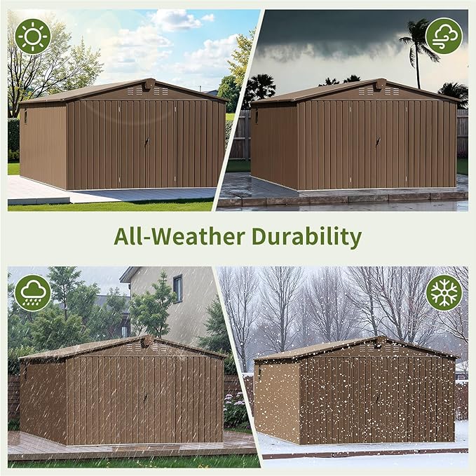 10x12 Ft Large Outdoor Storage Shed, Brown Metal Garden Outdoor Storage Workshop Shed with Lockable Doors, Windows, Air Vents, Waterproof for Backyard, Mower Storage, Backyard, Lawn, Patio