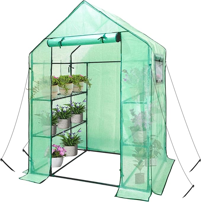 Walk in Greenhouse with Shelves,Walk-in Plant Plastic Green House with Windows Green PE Cover, 3 Tiers 6 Shelves Greenhouse Frame Stands with Ground Pegs & Ropes,56" L x 29" W x 77" H
