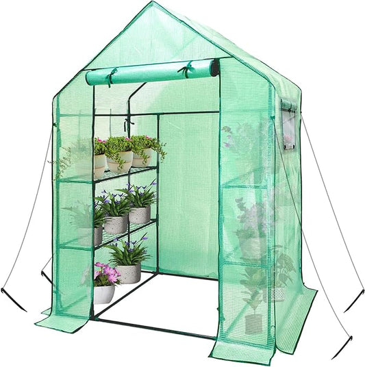 Walk in Greenhouse with Shelves,Walk-in Plant Plastic Green House with Windows Green PE Cover, 3 Tiers 6 Shelves Greenhouse Frame Stands with Ground Pegs & Ropes,56" L x 29" W x 77" H