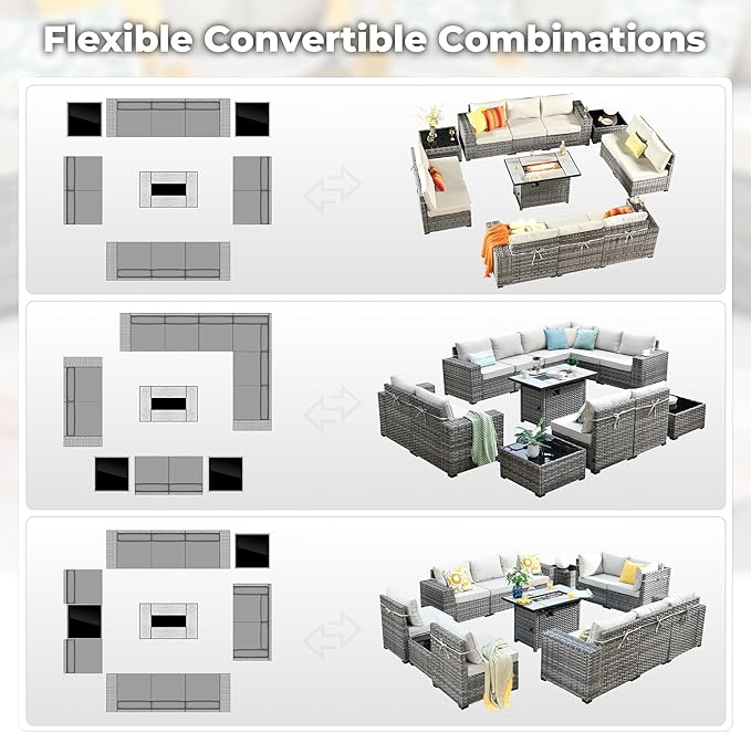 ovios 13 Pieces Patio Furniture Set, Outdoor Wicker Sectional Sofa with 42 Inch Fire Pit Table Comfy Cushions, Modern Modular Deep Seat Rattan Couch Conversation Set, Beige