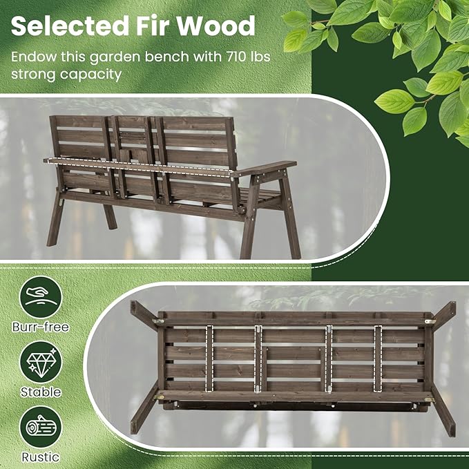 Tangkula Outdoor Fir Wood Bench with Foldable Middle Table, 2-3 Person Garden Bench with Backrest and Armrests, 710 lbs Weight Capacity, Slatted Seat Bench for Porch, Patio, Backyard