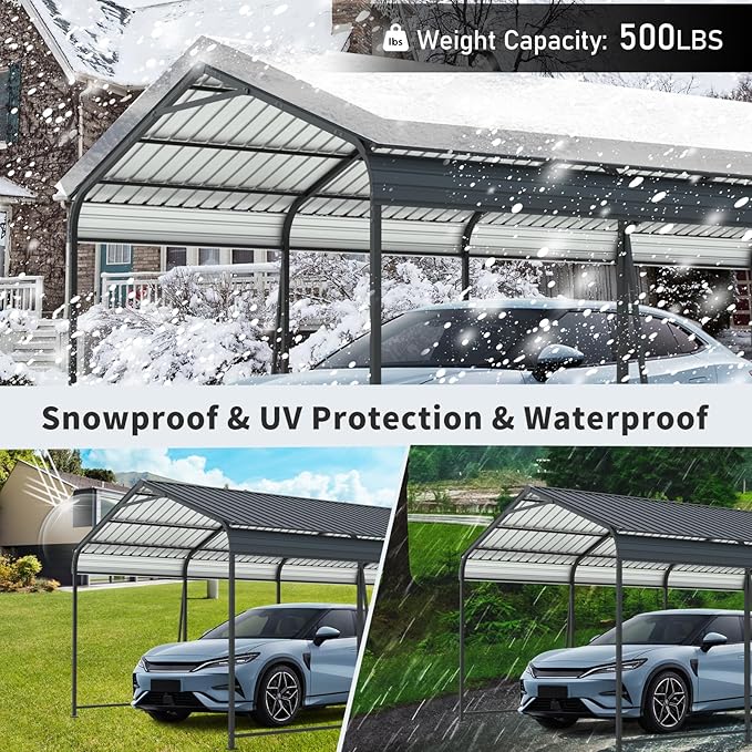 12x32 FT Metal Carport, Heavy Duty Car Port Canopy with Galvanized Steel Roof & Frame, Oversized Metal Carport Kit, Outdoor 2 Car Garage, Steel Car Shelter for Car, Boat, Truck, Charcoal