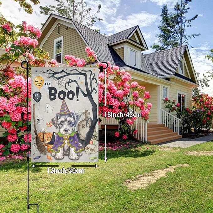 Halloween Schnauzer Dog Boo Pumpkin Skull Garden Flag Welcome Party Outdoor Outside Decorations Picks Home House Garden Yard Decor 12x18 Inch