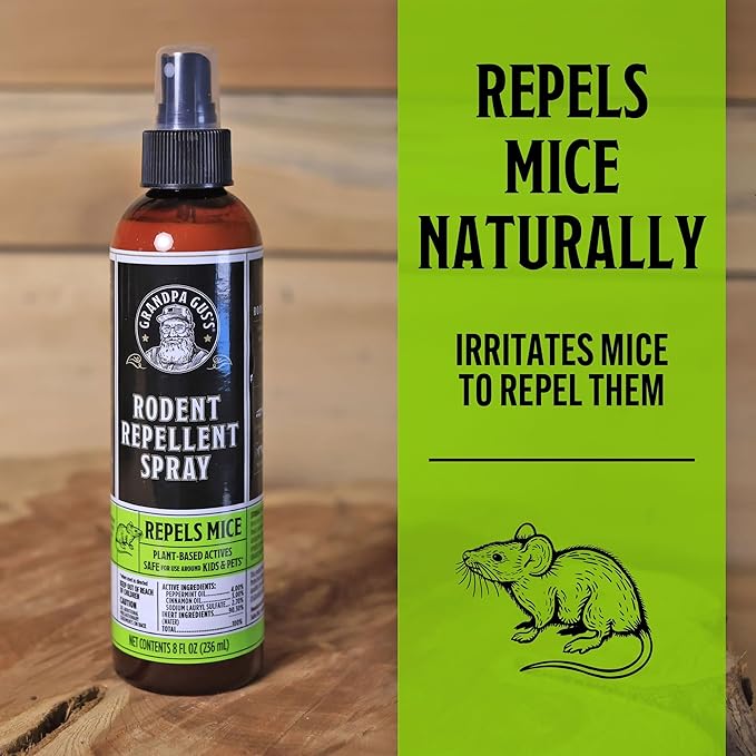 Grandpa Gus's Mouse Repellent Spray, Peppermint & Cinnamon Oil Formula, Repels Mice & Rats from Nesting, Chewing in Homes/RV, Boat/Car, Storage & Wiring, 8 fl oz (2 Bottles)