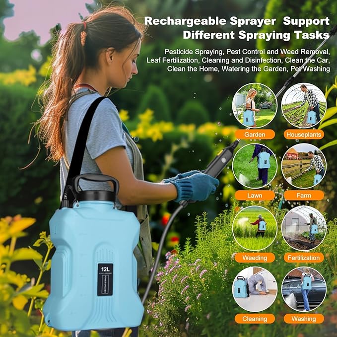 Battery Powered Sprayer 2.1 Gallon, Backpack Sprayer with Retractable Wand & 3 Mist Nozzles & USB Rechargeable Handle, Water Spray Pump Sprayers for Planting Lawn Yard Garden (Blue, 3.2 Gallon)