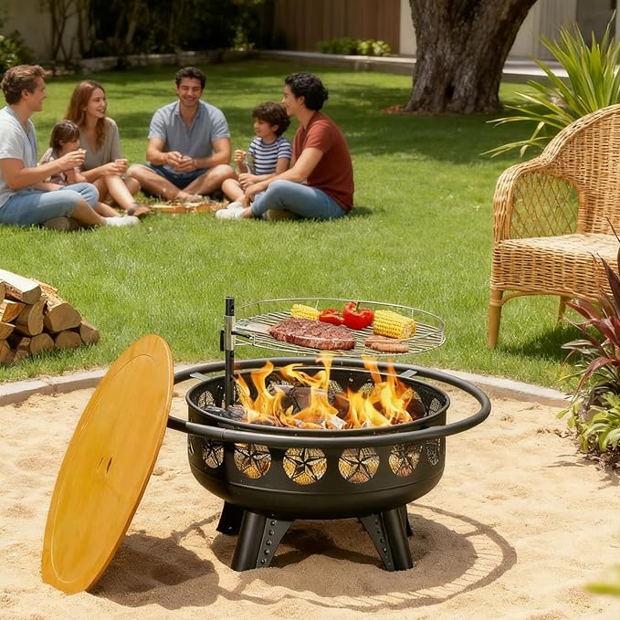 32 Inch Fire Pit with Swivel Cooking Grate,3-in-1 Wood Burning Firepit with Grill,Outdoor Fire Pits Table with Metal Lid and Poker for Outside Patio Backyard BBQ Bonfire Camping (32 Inch)