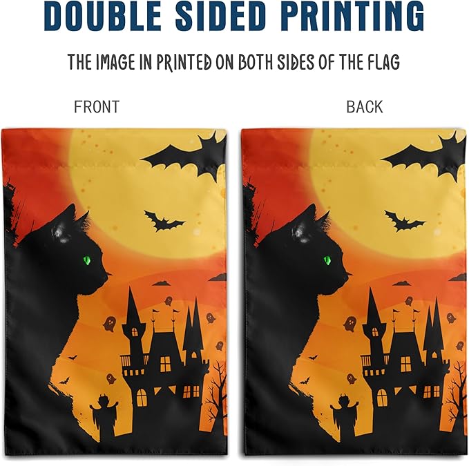 Black Cat Garden Flag 12 x 18 Halloween Cat with Green Eyes Decorative Flags for Outside Yard Decor Double Sided