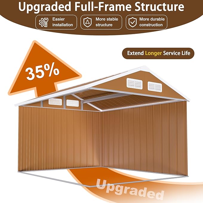 Outdoor Tool Shed 8x10 FT Heavy-Duty Metal Storage Shed with Lockable Door, Windows & Ventilation - Weather-Resistant Roof Garden Shed for Backyard, Patio, Lawn (Brown)