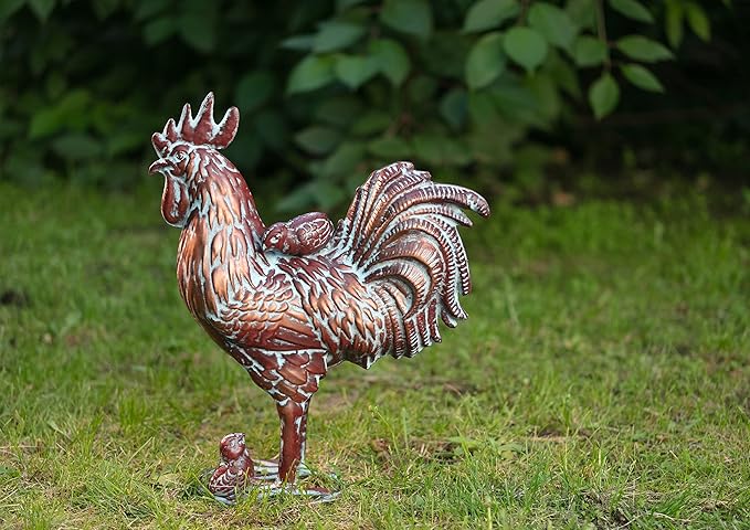 Metal Rooster & Hen with Chicks Garden Sculpture Statue Outdoor Decor Yard Art Chicken Decoration Set Garden Sculptures & Statues for Home Backyard Patio Lawn Decorations