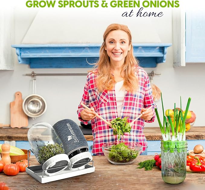 Premium Sprouts Growing Kit & Green Onion Regrower with 2 Mason Jars & Superior Sprout lids. Perfect Sprouter Set for Growing Broccoli, Alfalfa & Beans.