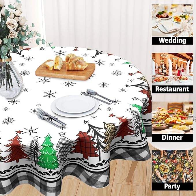 Giwawa Christmas Round Tablecloth 60 Inch Snowflake Xmas Trees Black Buffalo Plaid Decorative Table Cloth Polyester Washable Table Cover for Winter Holiday Party Picnic Dinner Decor