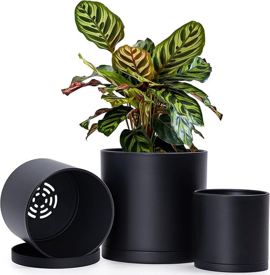 D'vine Dev 4.5 Inch 5.5 Inch 6.5 Inch, Set of 3 Plastic Planter Pots for Plants with Drainage Hole and Seamless Saucers, Black Color, Small Plus, 74-V-B-2