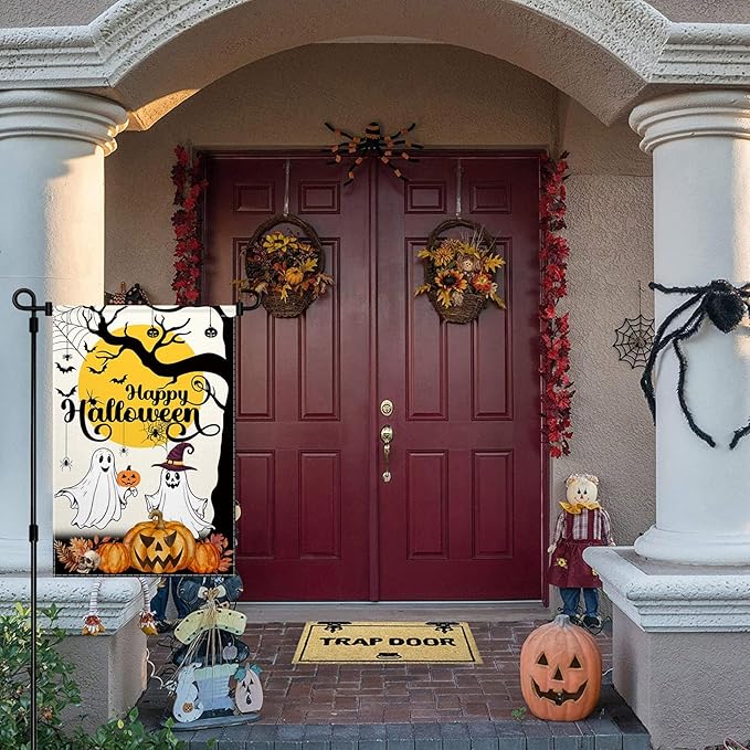 ChloropLastid Happy Halloween Ghost Garden Flag Double Sided 12x18 Inch Halloween Pumpkin Holiday Outside Outdoor Decorations Burlap Yard Flag