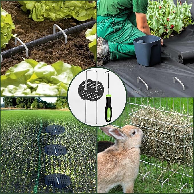 FEED GARDEN 6 Inch 50 Pcs Galvanized Landscape Staples 50 Pcs Gaskets Pick Hook Garden Stakes 11 Gauge Anti-Rust Landscaping Fabric SOD Pins U Shaped Yard Turf Stakes for Weed Barrier Fabric