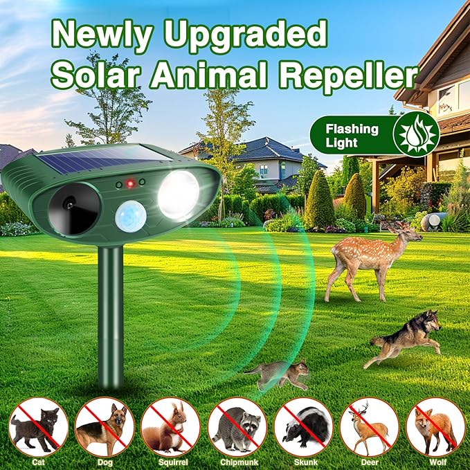 4Pack Solar Ultrasonic Animal Repellent Outdoor Deer Repellent Devices with Motion Detection&Flash Light Squirrel Rabbit Dog Cat Deterrent,Keep Rodent Chipmunk Raccoon Away for Yard Garden Lawn 2025