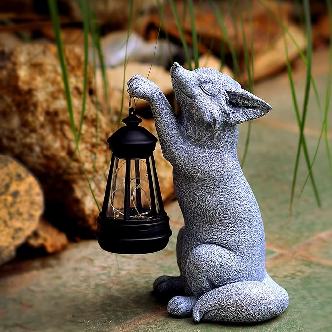 Fox Statue for Garden Decor, Garden Statue with Solar Power Light for Outdoor Patio Porch Lawn Yard Backyard Oudside Indoor Shelf Decoration,Praying Fox Sculptures Decorations to Wow Your Guests