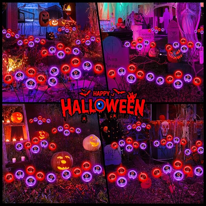 Halloween Decorations Outdoor Lights, 6 Pack 36LEDs Purple and Orange Solar Halloween Lights, Waterproof Swaying by Wind Spooky Solar Eyeballs Light for Yard Garden Party Halloween Decor