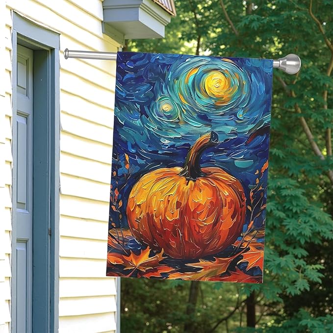 Fall Garden Flag Pumpkin Maple Leaf Yard Flags Van Gogh Wall Banners Art Starry Night Sky Moon Garden Flags Autumn Harvest Thanksgiving House Banner for Patio Farmhouse Outdoor 28 x 40 Inch