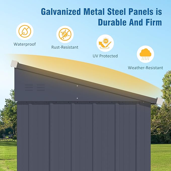 MUPATER Outdoor Storage Shed 4x8 FT, Garden Tool Storage Shed House, Metal Shed Kit for Backyard Lawn with Door and Lock, Grey