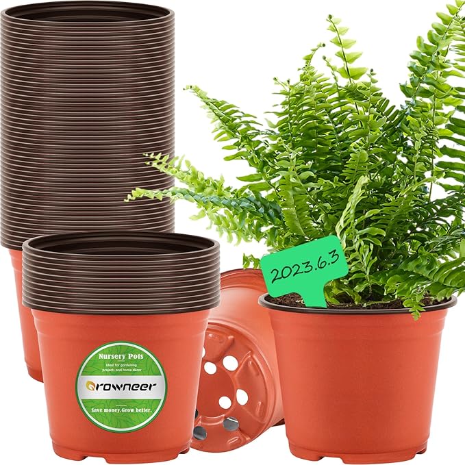 GROWNEER 60-Pack 6 Inch Plastic Nursery Pots with 15 Plant Labels – Seed Starter Kit for Indoor & Outdoor Flower Planting and Gardening Seedling Planter
