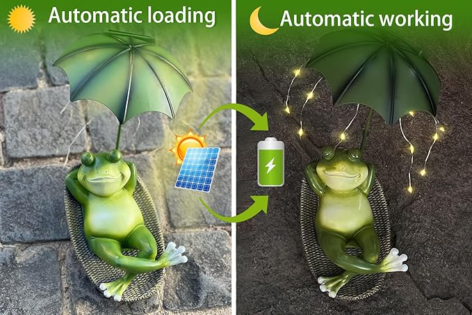 Solar Frog Garden Decor Outdoor Statue - Frogs Umbrella LED Waterproof Sculptures Lights, Cute Frog Pond/Yard Statues Outside Decoration, Home, Lawn, Patio, Resin Animal Ornament, Women/Gardening Gift