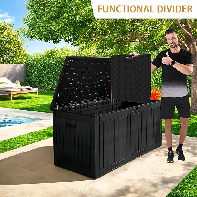 KUIKUI 288 Gallon Waterproof Deck Box, Outdoor Storage Box Waterproof Lockable with Divider and Lifter Prevent Water Seeping into from Floor for Patio Cushions
