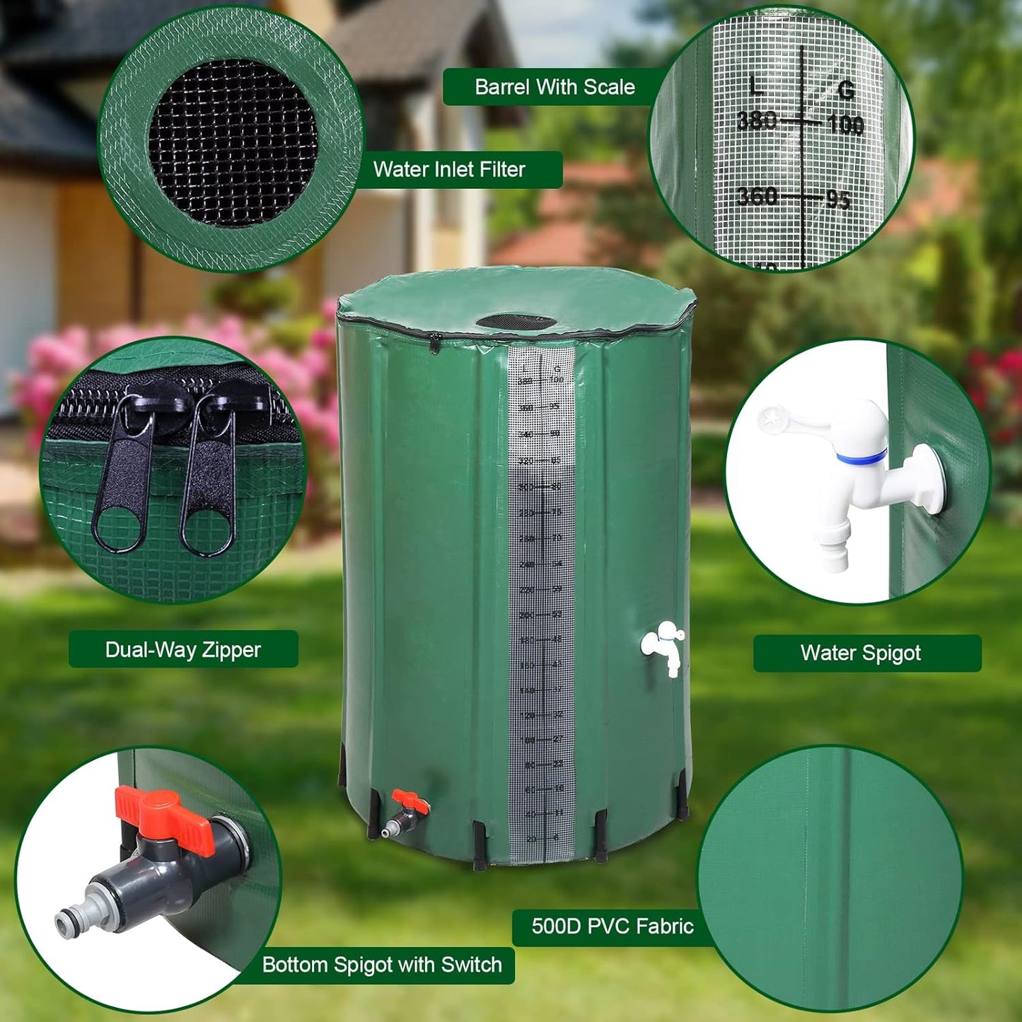 100 Gallon Collapsible Rain Barrel, Rain Catcher Barrel, Portable Rainwater Collection System with Volume Scale Mark, Two Spigots and Overflow Kit, Rain Water Barrel Collector for Garden, Green